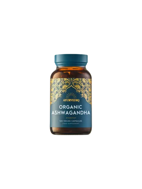 Brown bottle of Ayurvediq Organic Ashwagandha, 120 vegan capsules, food supplement.
