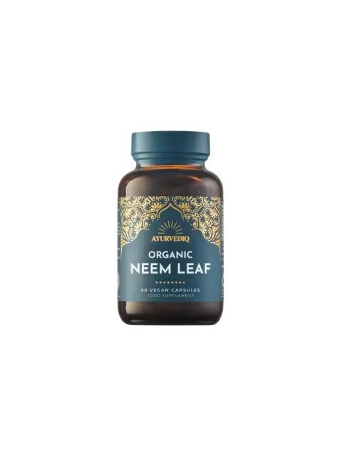 Brown bottle of Ayurvediq Organic Neem Leaf, 60 vegan capsules.