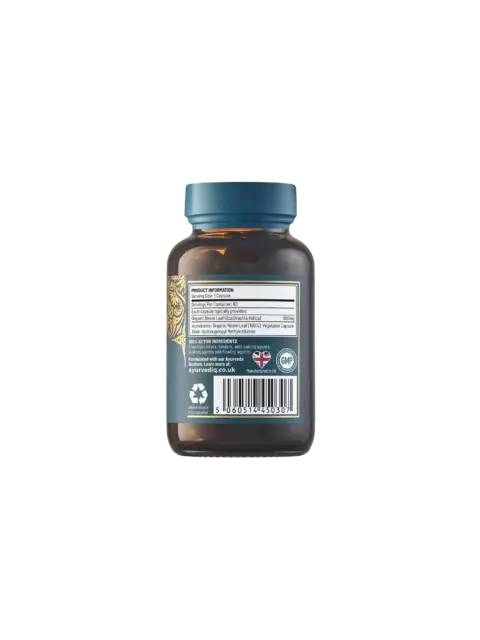 Brown bottle with blue cap, product label detailing organic neem capsules, 600mg, 60 count.