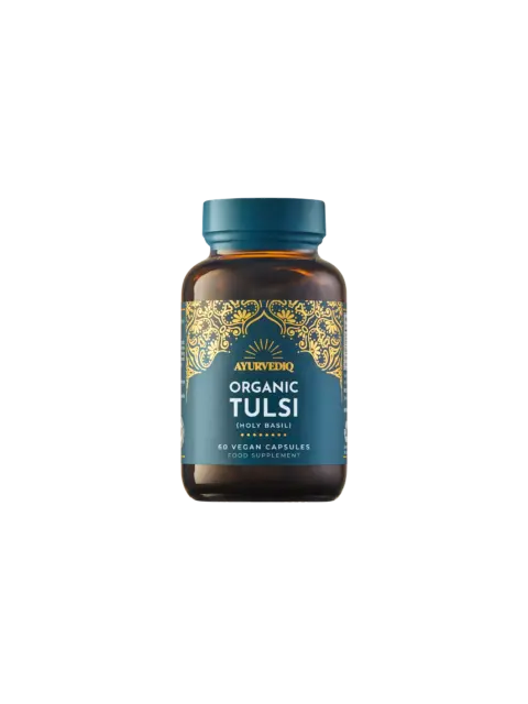 Brown bottle of Ayurvediq Organic Tulsi capsules, 60 vegan capsules, food supplement.