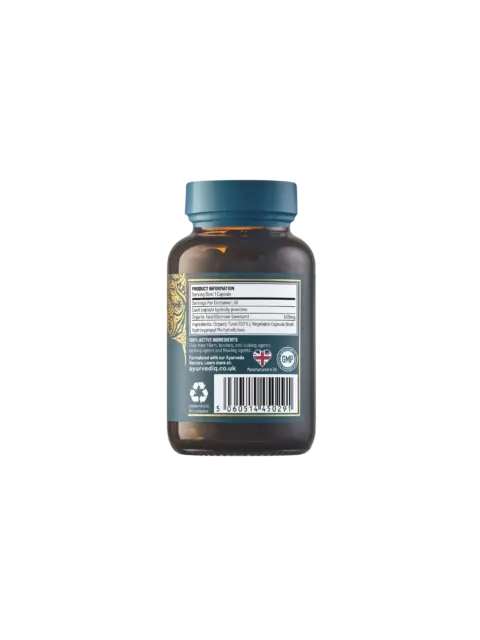 Brown bottle with blue lid, product information label, barcode, and recycling symbols visible.