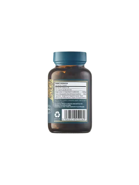 Brown supplement bottle with product information label and barcode.