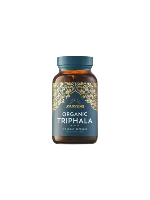 Brown bottle of Ayurvediq Organic Triphala, 120 vegan capsules.