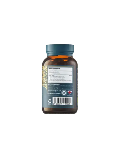 Brown supplement bottle with product information and UK flag label.
