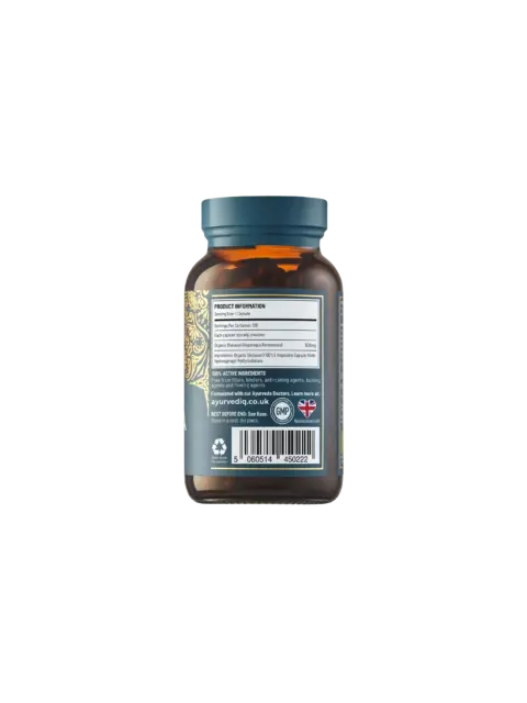 Brown supplement bottle with label showing product information and barcode.
