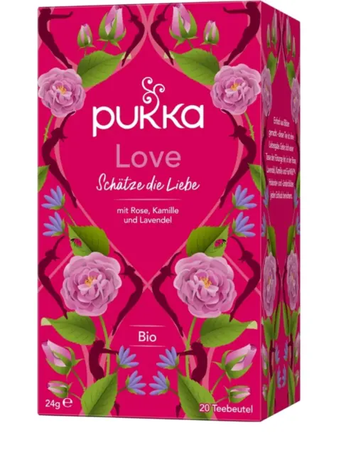 Pukka Love tea box with floral design, 24g, 20 teabags, rose, chamomile, lavender.