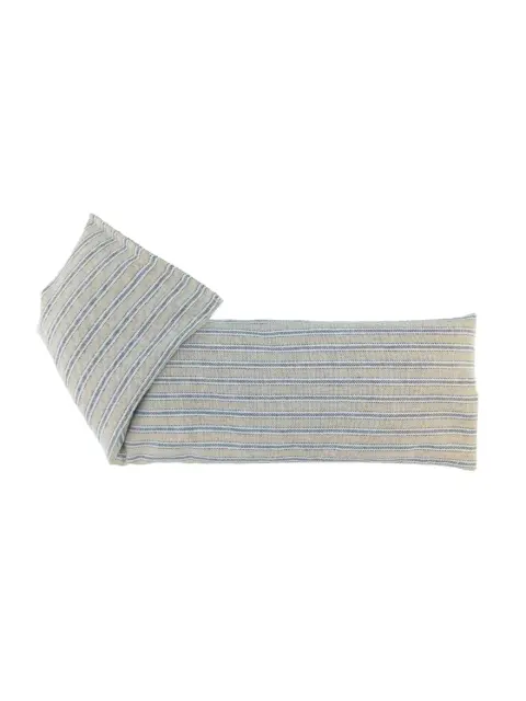 Grey and white striped fabric headband on a white background.