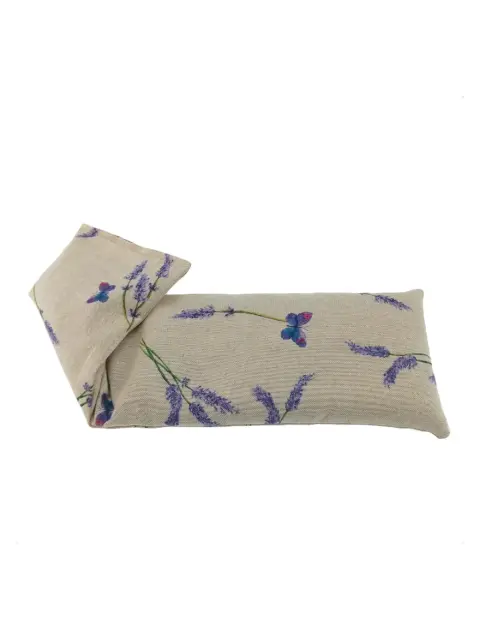 Beige eye pillow with lavender and blue flower print.