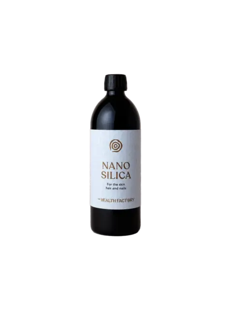 Black bottle with "Nano Silica" label for skin, hair, and nails by The Health Factory.