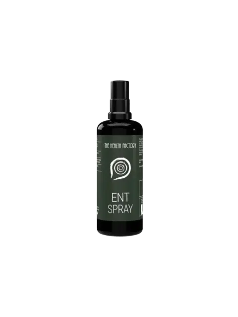 Black bottle labelled "ENT Spray" by The Health Factory.