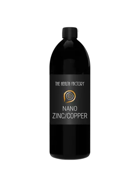 Black bottle labelled "The Health Factory Nano Zinc/Copper".