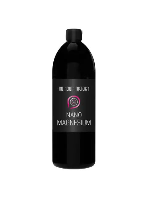 Black bottle labelled "The Health Factory Nano Magnesium".