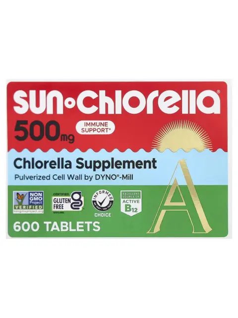 Sun Chlorella 500mg supplement, 600 tablets, gluten-free, non-GMO, B12 source.