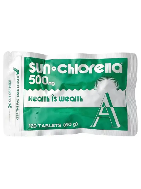 Sun Chlorella 500mg, 120 tablets, "Health is wealth" text on green and white packaging.