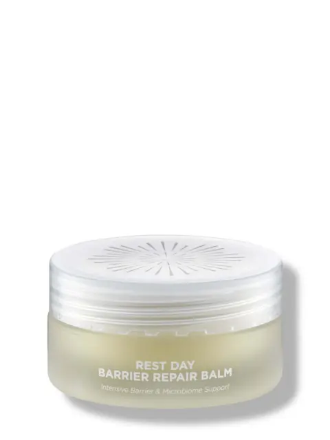 Rest Day Barrier Repair Balm jar with white lid and text on the front.