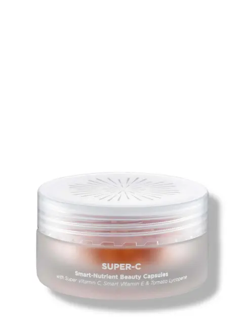 Super-C beauty capsules in a frosted jar with white lid and text detailing ingredients.