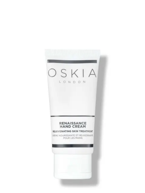 Oskia London Renaissance Hand Cream tube with text in English and French.