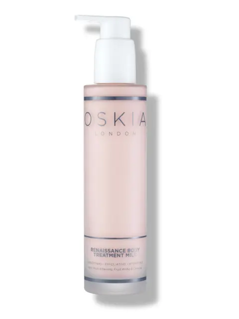 Oskia London Renaissance Body Treatment Milk bottle with pump dispenser.