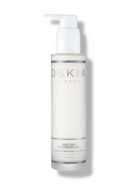 Oskia London Rest Day Cleansing Milk bottle with pump dispenser.