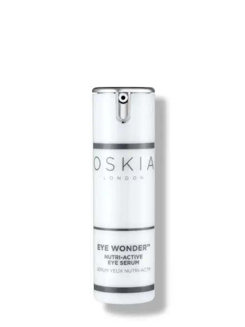 White bottle of Oskia Eye Wonder Nutri-Active Eye Serum with pump dispenser.
