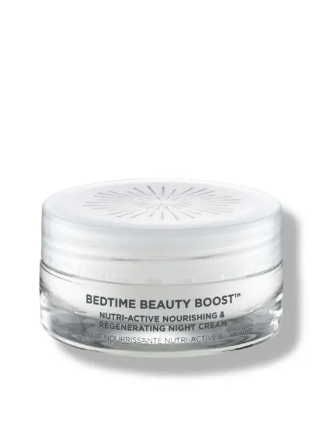 Bedtime Beauty Boost night cream in a clear jar with white lid.