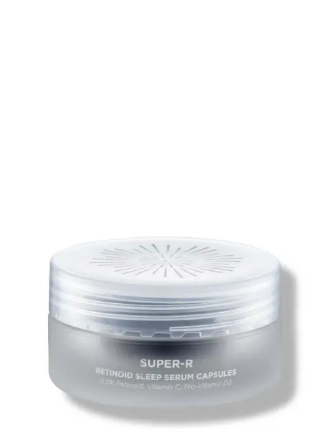 Clear jar of Super-R Retinoid Sleep Serum Capsules, 0.5% Retinoid, Vitamin C, Pro-Vitamin D3.