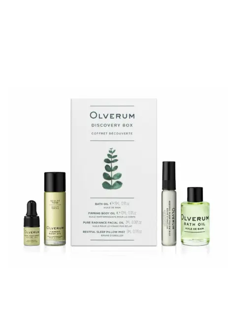 Olverum Discovery Box with oils and mist bottles arranged around the box.