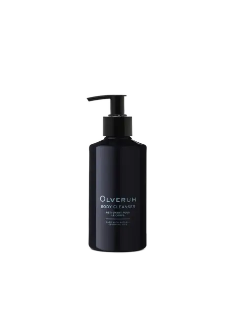 Dark bottle of Olverum Body Cleanser with pump dispenser.