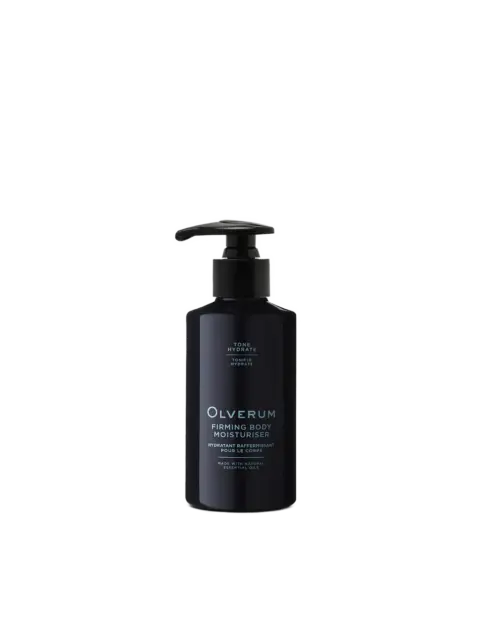 Black bottle of Olverum Firming Body Moisturiser with pump dispenser.