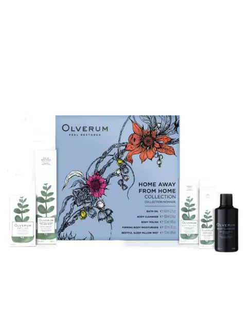 Olverum Home Away From Home Collection with floral design and product bottles.
