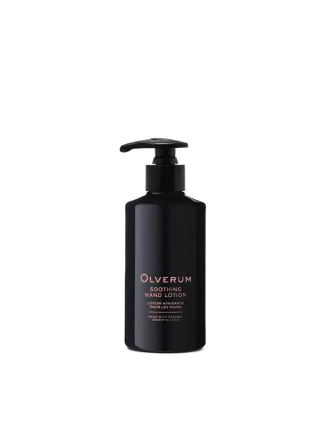 Black bottle of Olverum Soothing Hand Lotion with pump dispenser.