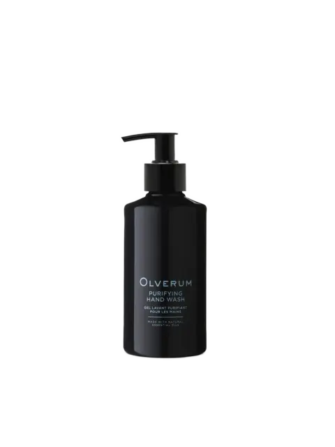 Black bottle of Olverum Purifying Hand Wash with pump dispenser.
