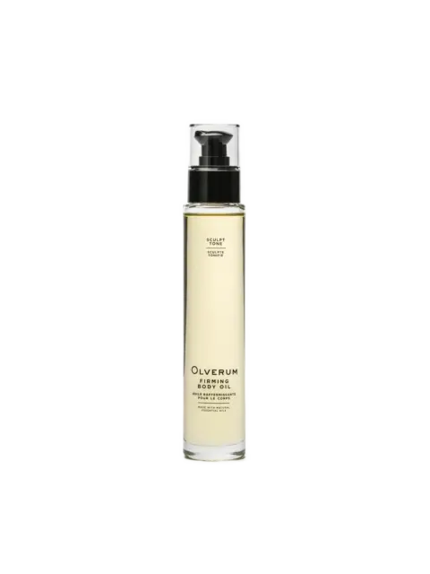 Olverum Firming Body Oil bottle with pump dispenser.