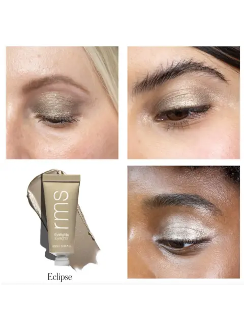 Four eyes with metallic eyeshadow and a tube labelled "rms Eyelights Eclipse".
