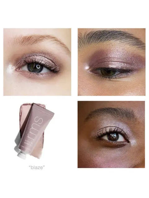 Three eyes with shimmery eyeshadow and a tube of RMS Beauty Eyelights in "Blaze".