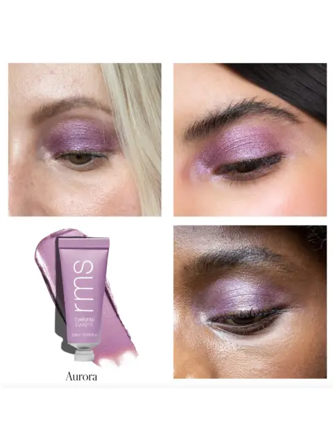 Three close-ups of eyes with purple eyeshadow. Tube labelled "rms Eyelights Aurora".