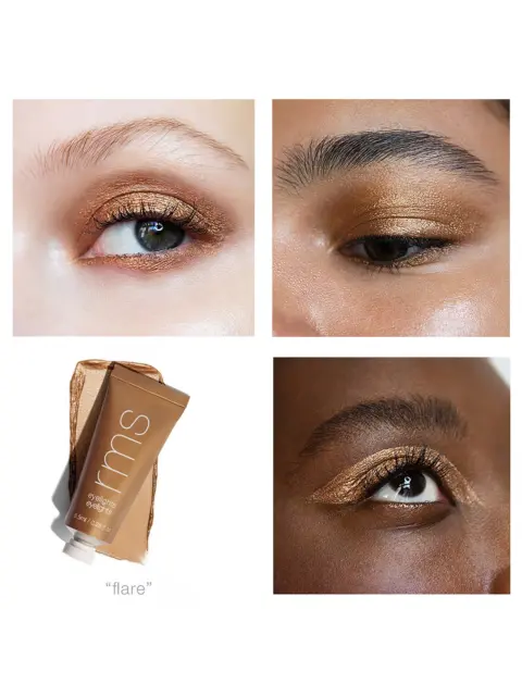 Four eyes with gold eyeshadow and a tube of RMS Eyelights in "flare".