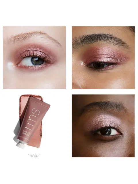 Three eyes with pink eyeshadow and a tube of RMS Beauty Eyelights in "Halo".