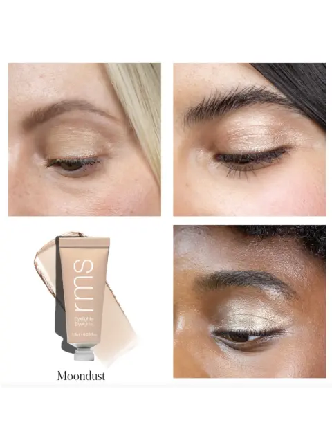 Three closed eyes with Moondust eyeshadow. Tube labelled "rms Eyelights" with swatch.