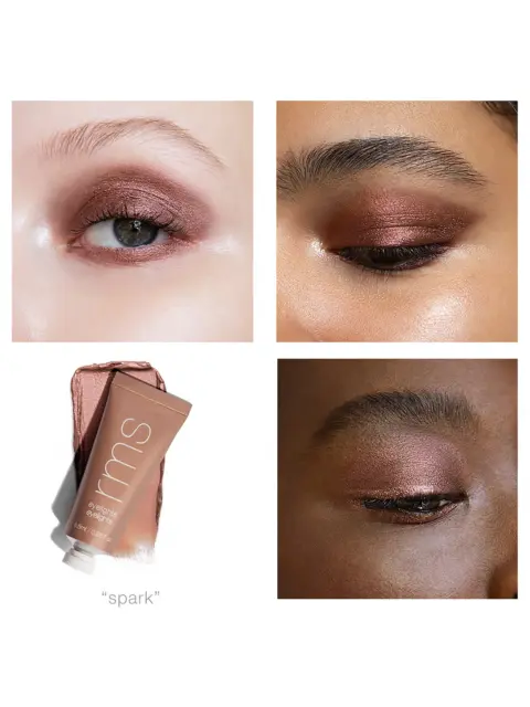 Three eyes with shimmery rose eyeshadow. Tube labelled "rms eyelights" in shade "spark".