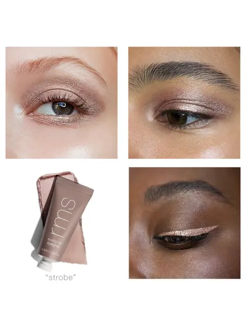 Three eyes with shimmery eyeshadow. Tube of RMS Beauty Eyelights in "strobe".