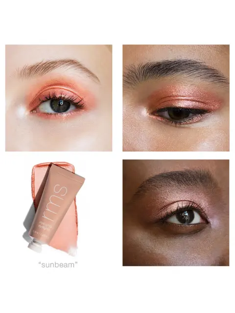 Three eyes with shimmery peach eyeshadow. RMS Beauty Eyelight in "Sunbeam" tube shown.