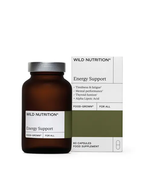 Brown bottle and box of Wild Nutrition Energy Support capsules, 60 count.