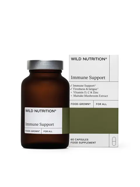 Brown bottle and box of Wild Nutrition Immune Support capsules, 60 count.