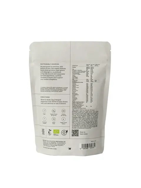 Back of a nutrition powder pouch with ingredients, directions, and QR code.