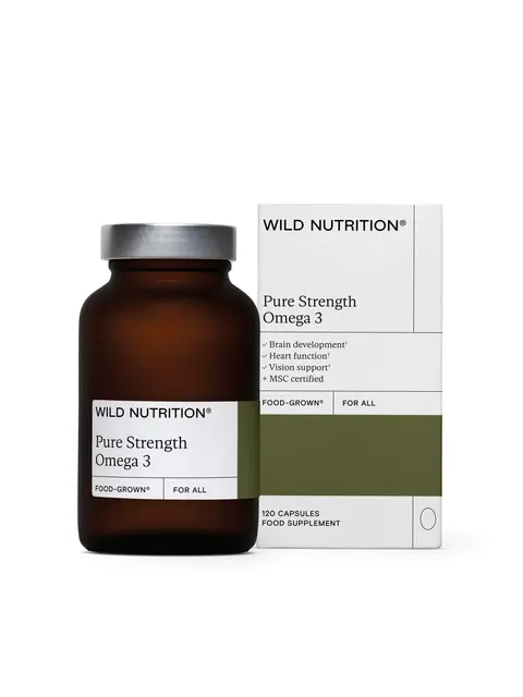 Brown bottle and box of Wild Nutrition Pure Strength Omega 3 capsules.