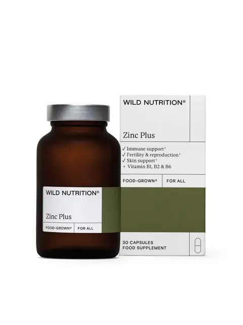 Wild Nutrition Zinc Plus bottle and box, 30 capsules, for immune and skin support.