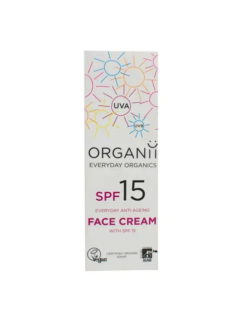 Organii Everyday Organics SPF 15 face cream box with vegan and organic certification logos.
