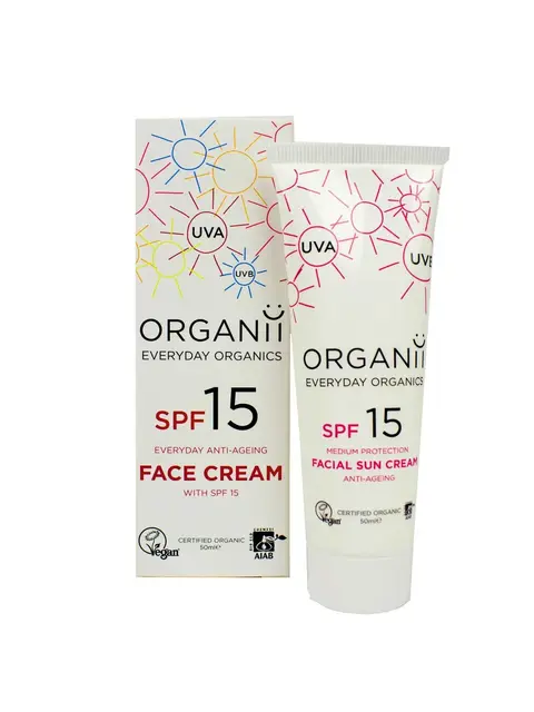 Organii SPF 15 anti-ageing face cream, 50ml tube and box, certified organic and vegan.