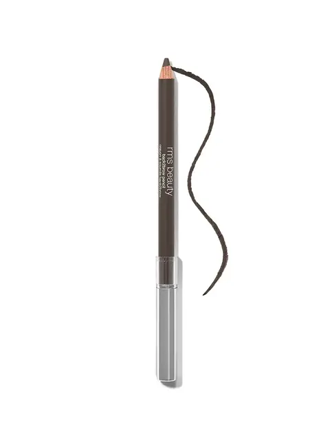 Brown eyeliner pencil with a silver cap and a curved line drawn beside it.